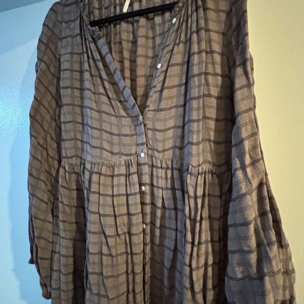 Free People Flowy Brown Plaid Button-Front Tiered Maxi Dress - Picture 3 of 6